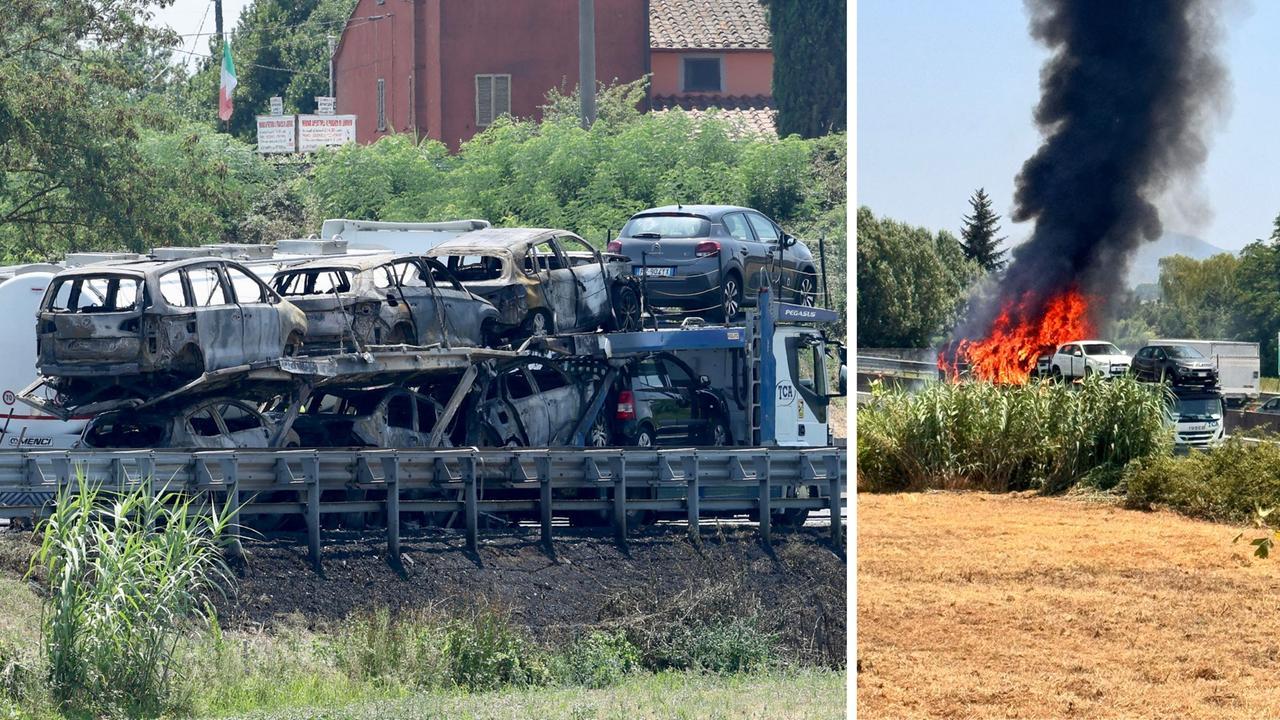 
	A sinistra la bisarca in fiamme (foto Innocenti / Nucci)

