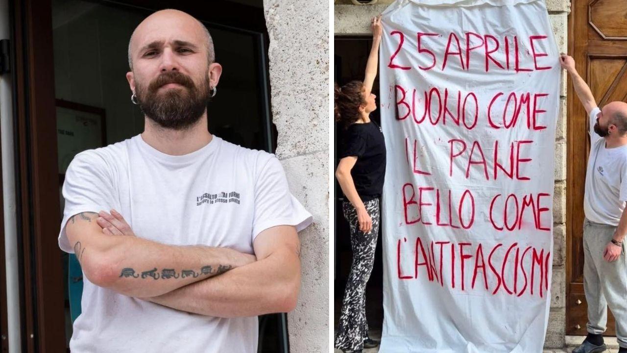 Davide De Nanti, di Fivizzano, tra i fornai più bravi d’Italia secondo il Gambero Rosso. A destra lo striscione esposto per il 25 aprile