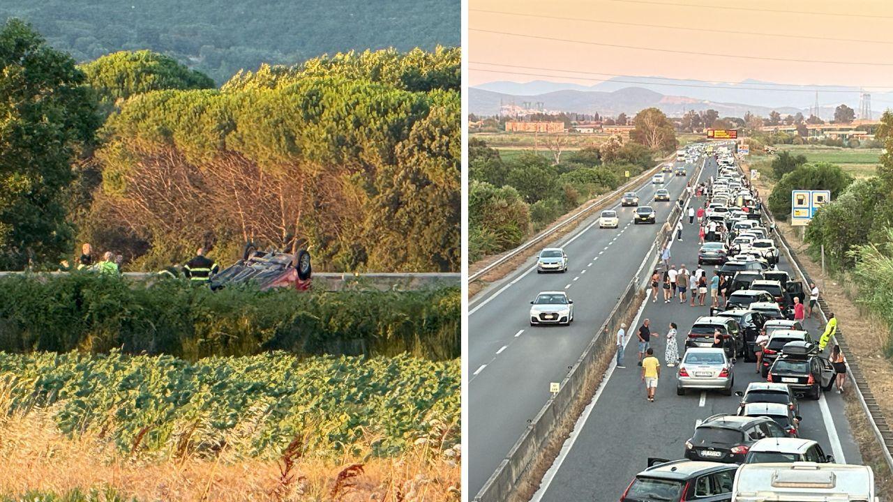 
	L'auto ribaltata e la coda sulla variante Aurelia (foto Lorenzo Manzini)


