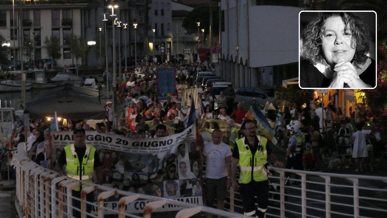 
	Un momento del corteo e la giornalista del Tirreno, Donatella Francesconi, scomparsa il 26 giugno 2025&nbsp;(foto Paglianti)

