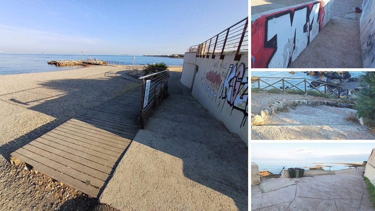 
	A sx i&nbsp;3 Ponti, unica spiaggia libera accessibile per i disabili. Dall'alto&nbsp;la discesa alla Vela, la scala che porta allo Scoglio della Ballerina e la discesa dell'Accademia

