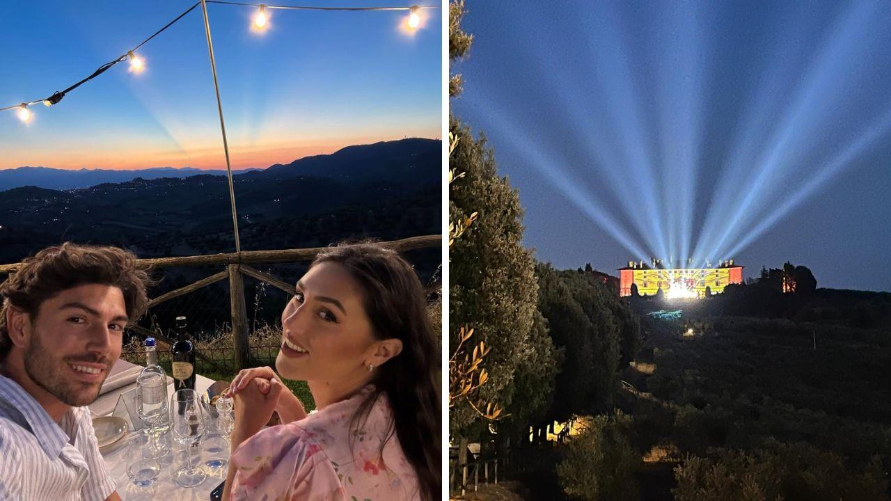 La coppia ad Artimino (foto Instagram) e la villa nel giorno del matrimonio
