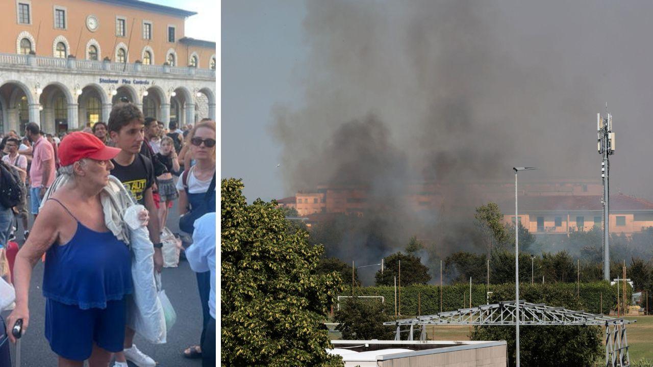 
	L'incendio a Pontedera e i passeggeri per strada a Pisa (foto Stick)

