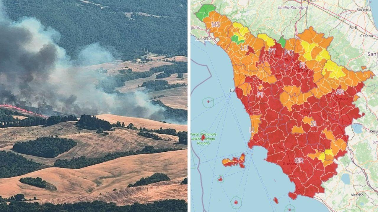 
	Le fiamme a Montegemoli e la cartina della Toscana con l'allerta

