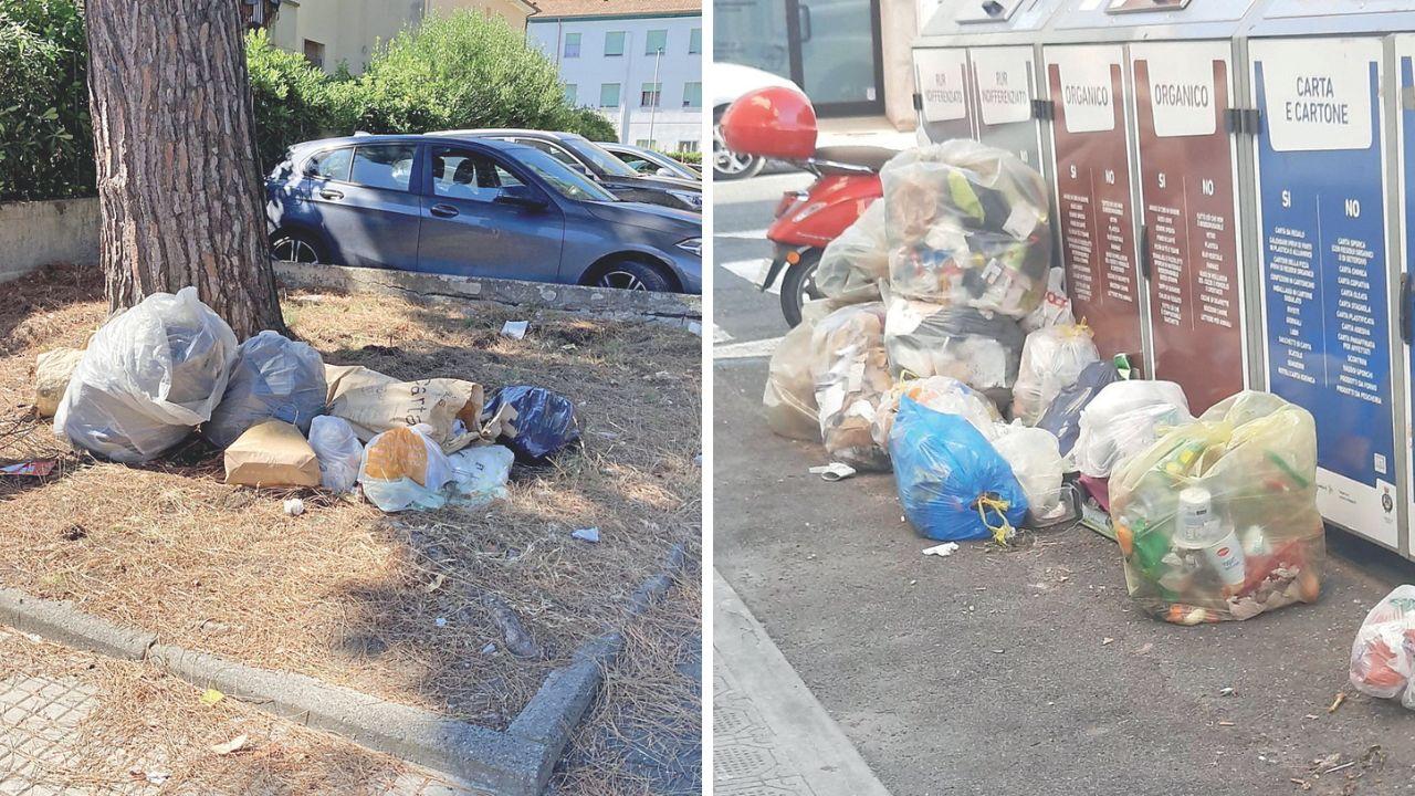 Da sx sacchi in un’aiuola in via Ferrucci (Foto Falorni/Stick) e le buste di spazzatura lasciate fuori dalle isole (Foto Facebook)