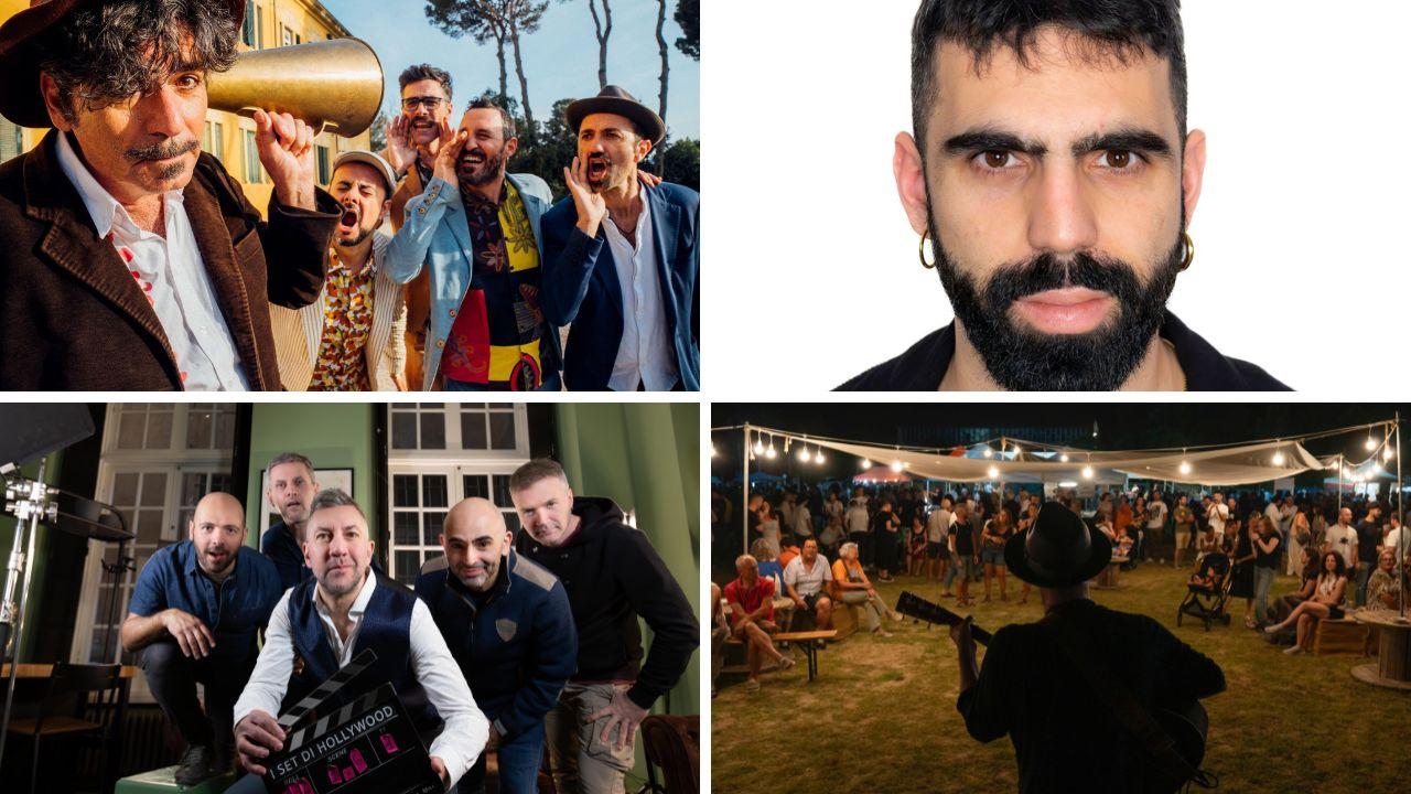 
	Da sinistra in alto Bobo Rondelli insieme&nbsp;insieme a i &ldquo;Musica da Ripostiglio&rdquo;; accanto Gabriele Puccetti, sotto i Meganoidi e una panoramica del festival (foto di Samuele Messerini)

