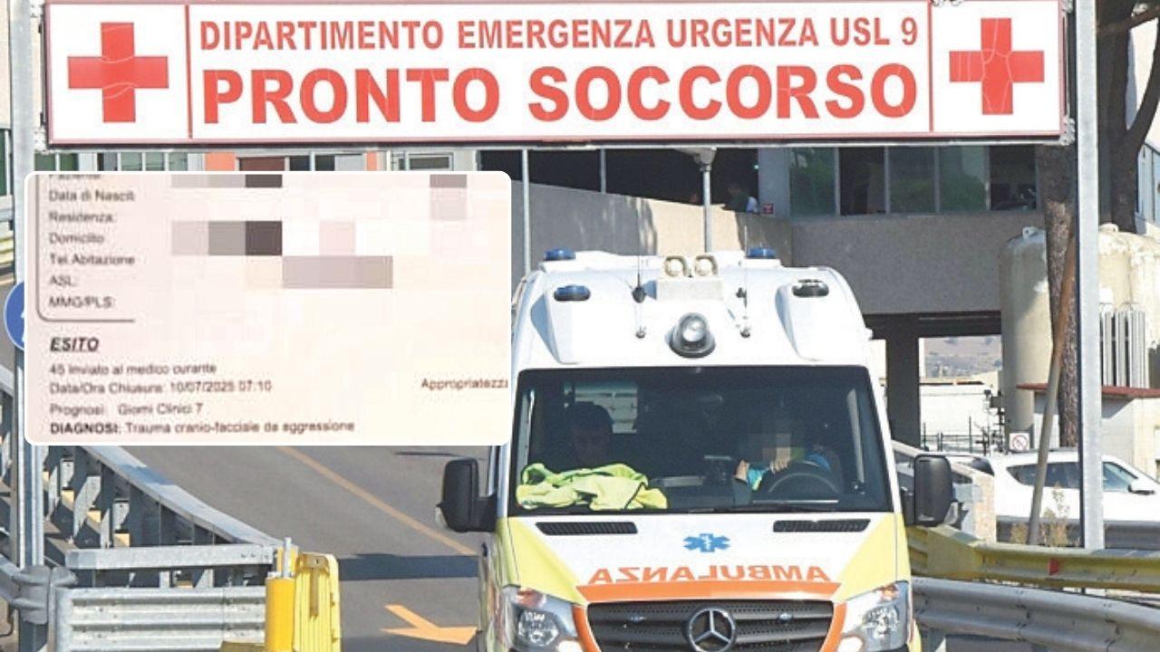L'ingresso del pronto soccorso e il referto che certifica il trauma cranico da aggressione