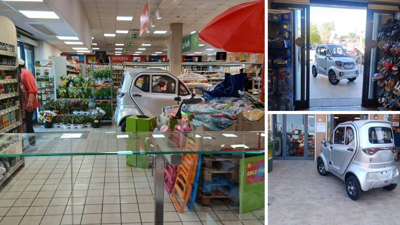 La minicar dentro il supermercato, a dx la piccola auto parcheggiata a pochissima distanza dall'ingresso dei negozi