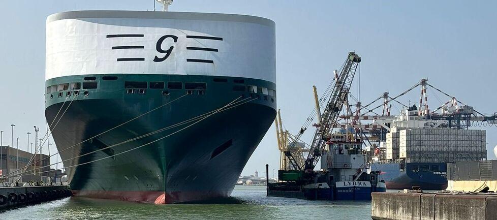 
	Una delle grandi navi di Grimaldi che ostruisce l&rsquo;ingresso al canale dei Navicelli

