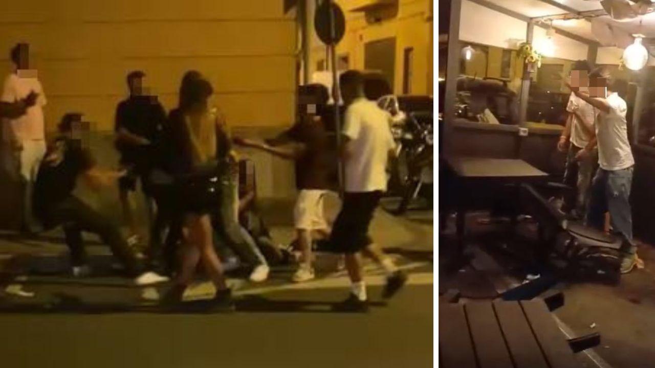 Due fermo immagine del video che mostra la rissa e il danneggiamento del gazebo