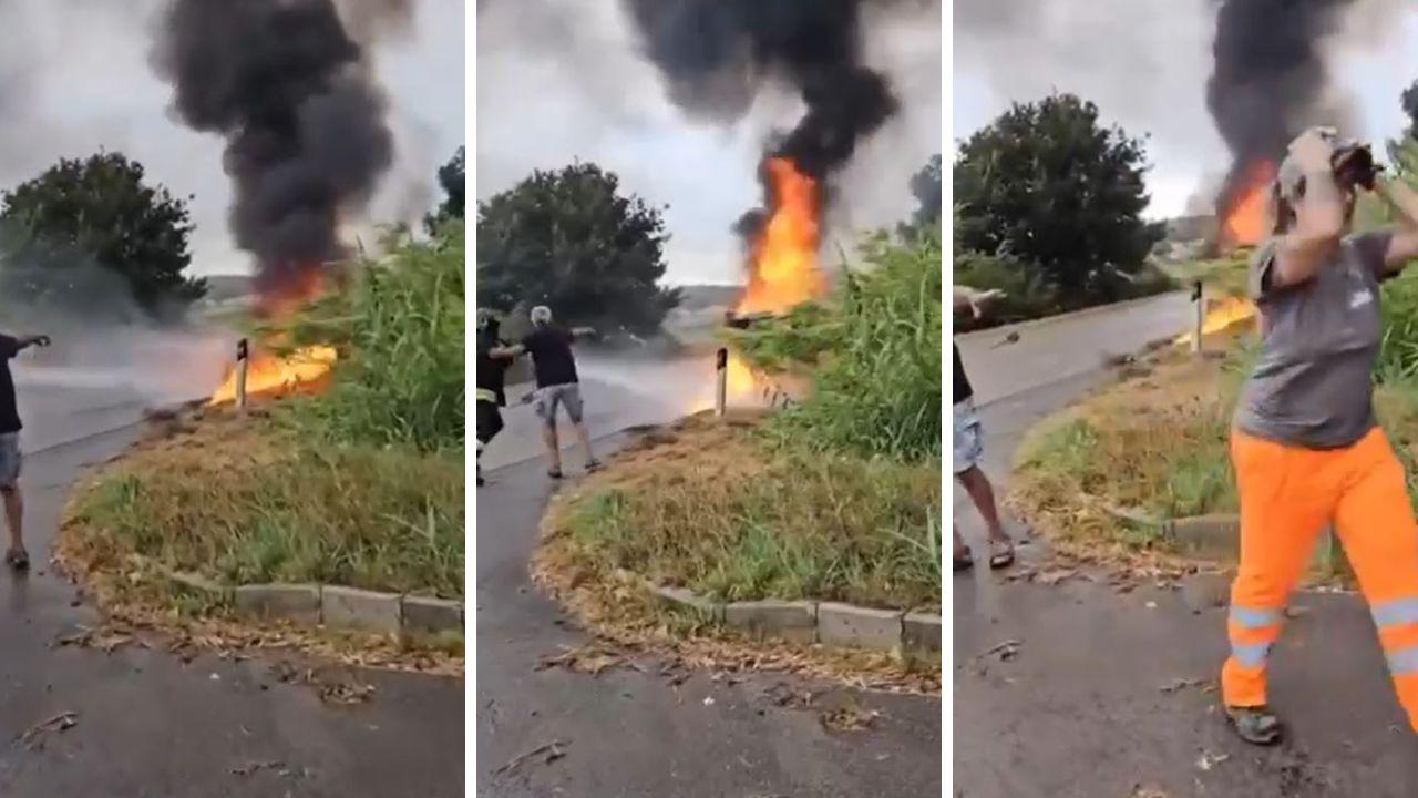 
	Il furgone in fiamme in tre fermo immagine estrapolati dal video dei soccorsi

