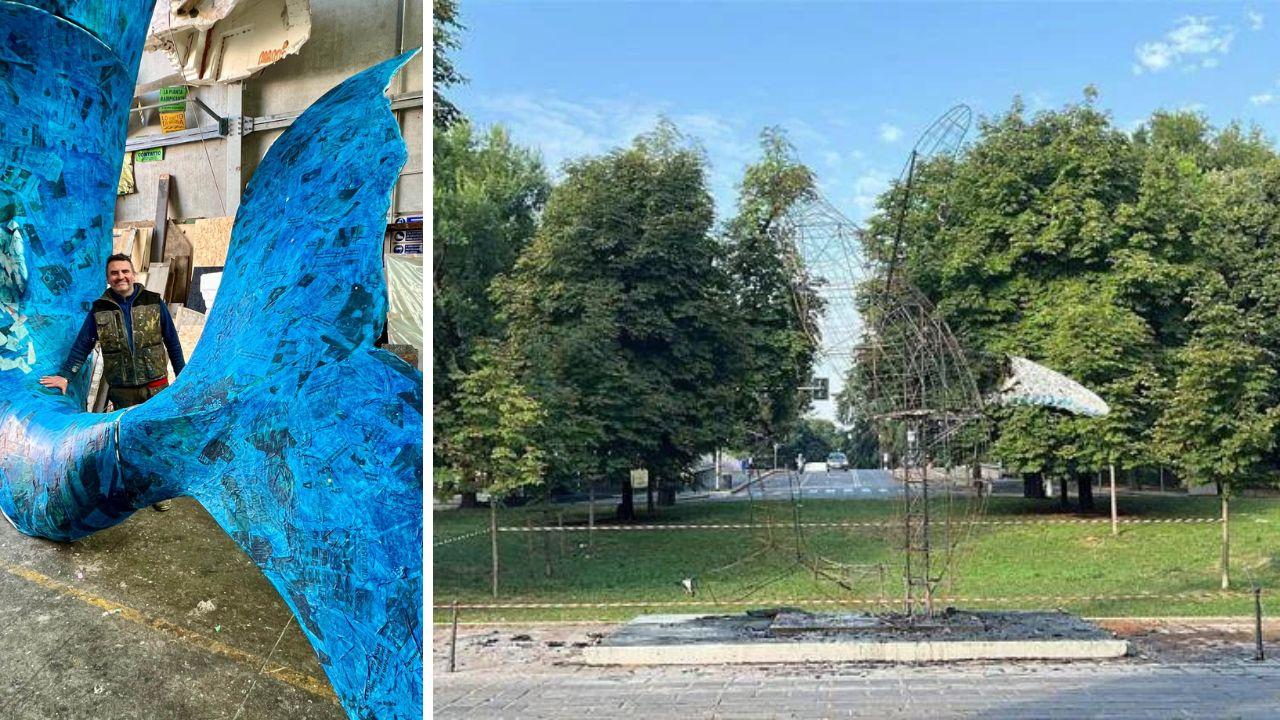 
	Jacopo Allegrucci e la balena bruciata (foto Adnkronos)

