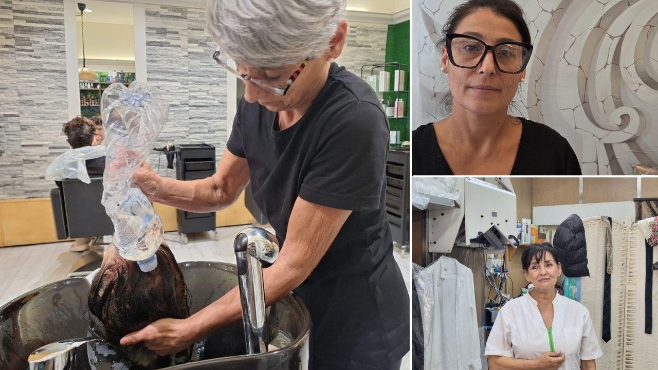 Una parrucchiera costretta a utilizzare una bottiglia per lavare i capelli a una cliente. Accanto Rossella Giudice e Rita Grezza