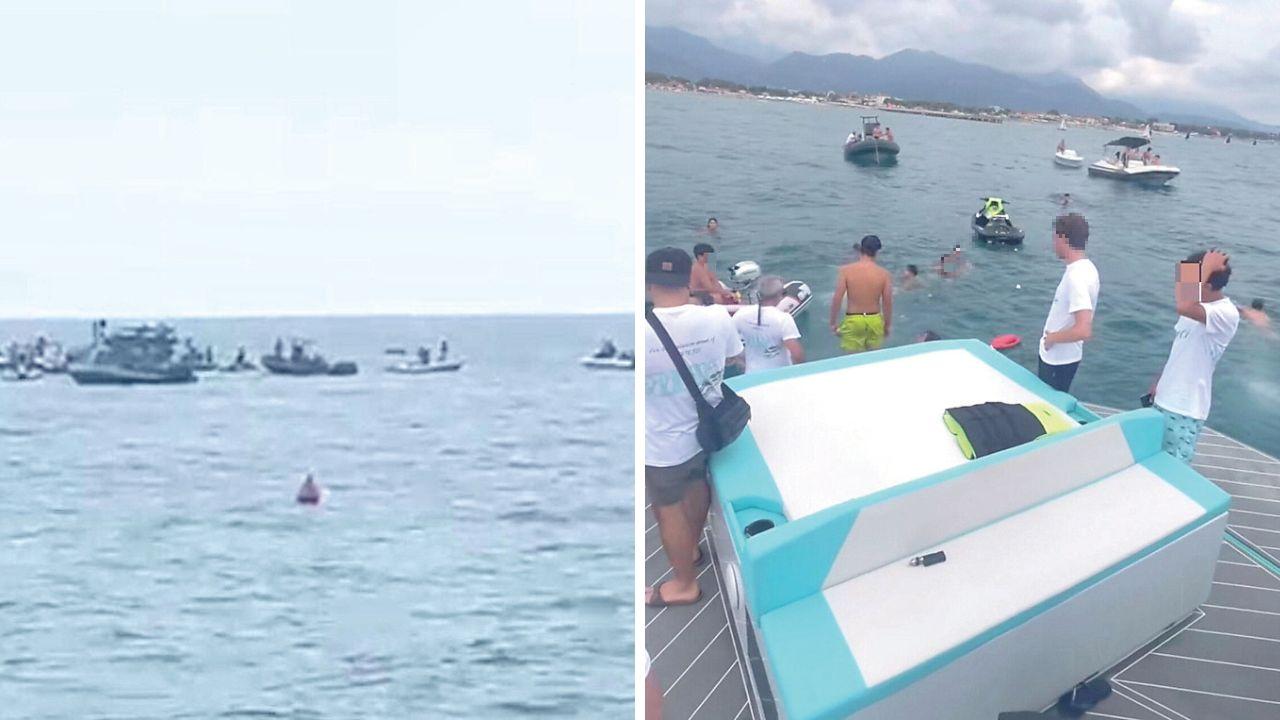 Le barche riunite davanti al pontile e un momento della festa (profilo Instagram Parmesan House)