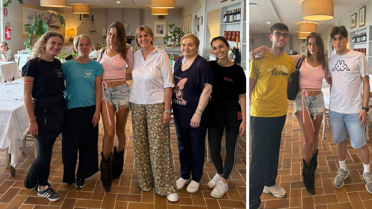 Clara con lo staff del ristorante dove si è fermata per pranzo