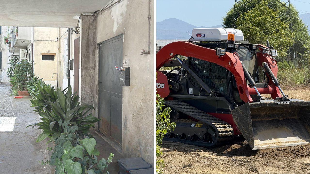 La corte dove abitava la vittima a Quarrata e la ruspa usata dai vigili del fuoco per sistemare la terra scavata (foto Nucci)