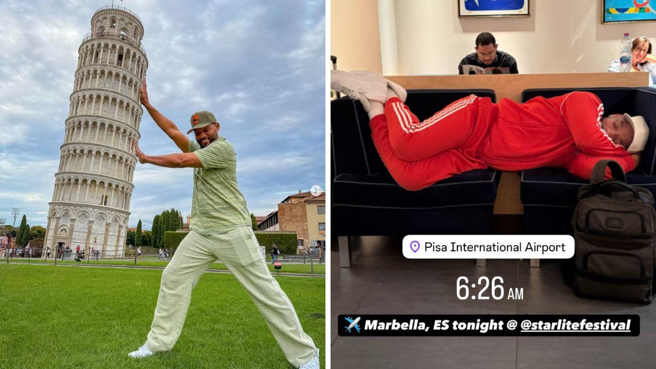 
	Will Smith nella tipica foto da turista con la Torre di Pisa e mentre dorme all'aeroporto (foto Instagram / @willsmith)

