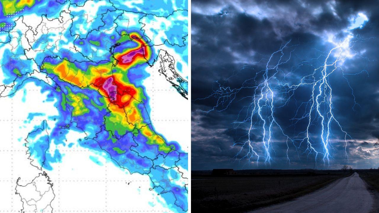 A sinistra la pioggia prevista lunedì 28 luglio