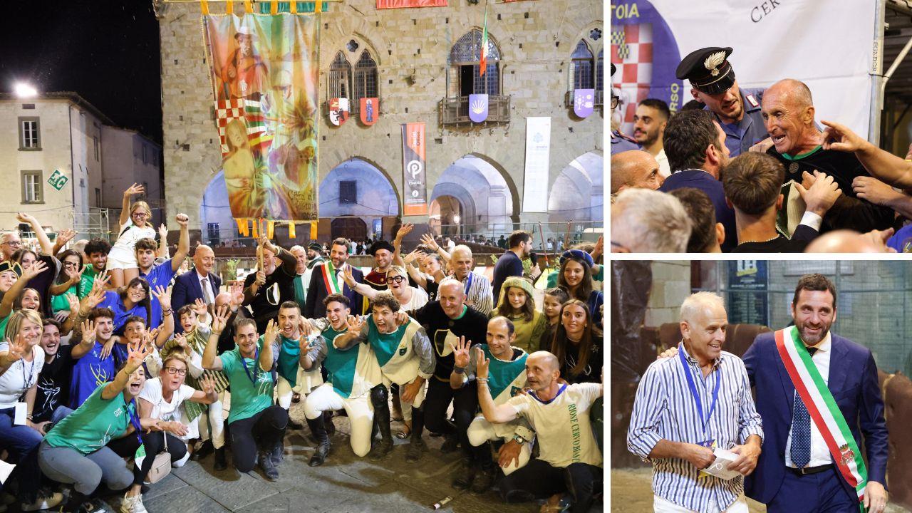 
	I festeggiamenti del Cervo bianco, la protesta di Luca Sandroni (Cervo bianco) e Fabio Dolfi col sindaco Alessandro Tomasi

