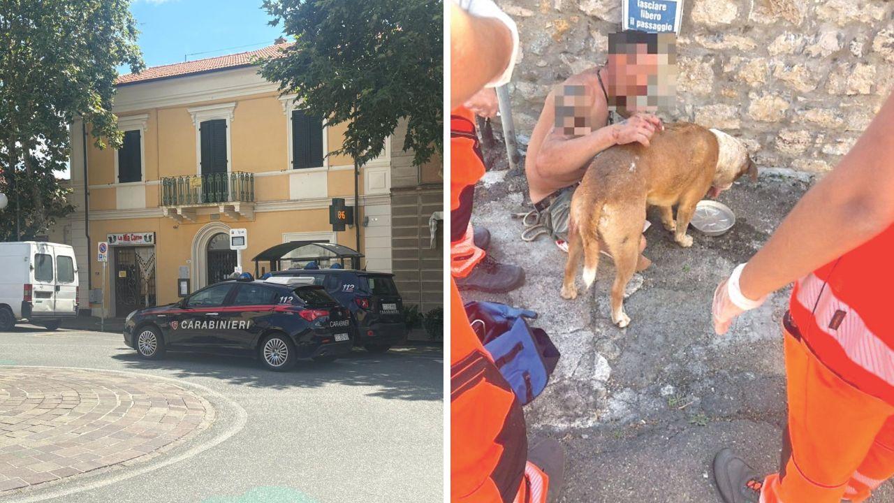 
	I carabinieri in piazza Gramsci e a destra l&rsquo;uomo e il cane feriti in attesa delle cure

