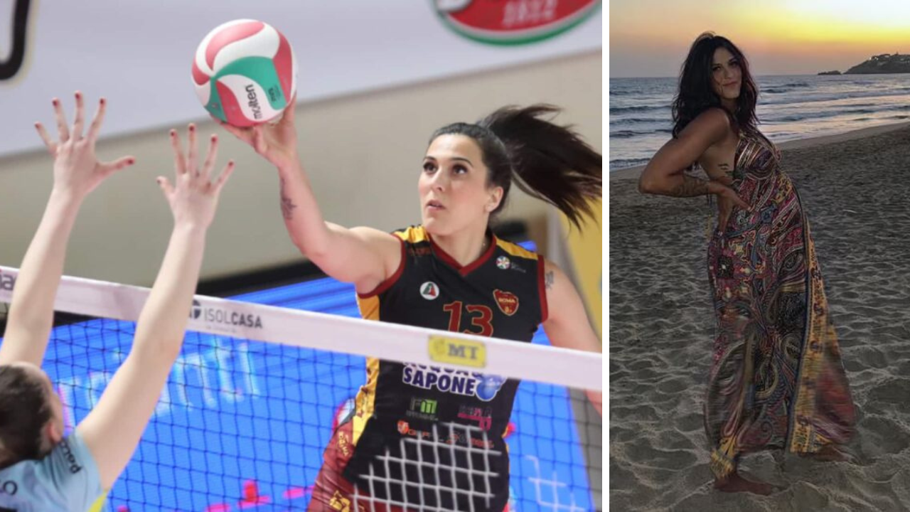 Asja Cogliandro in un'azione di gioco (foto Lega volley femminile) e incinta (foto Instagram)