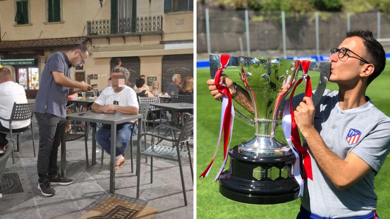 
	Mattia Martini mentre lavora sulla Sala e con il trofeo della Lega Feminina vinto con l'Atletico Madrid

