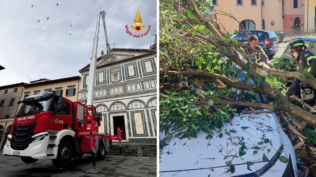 Maltempo Empoli, via la croce di ferro dalla chiesa per il vento. Albero cade su una pensilina