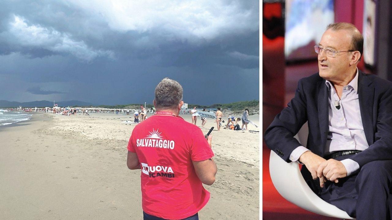 
	Bagnino in spiaggia a Marina di Grosseto durante la perturbazione e il colonnello Giuliacci

