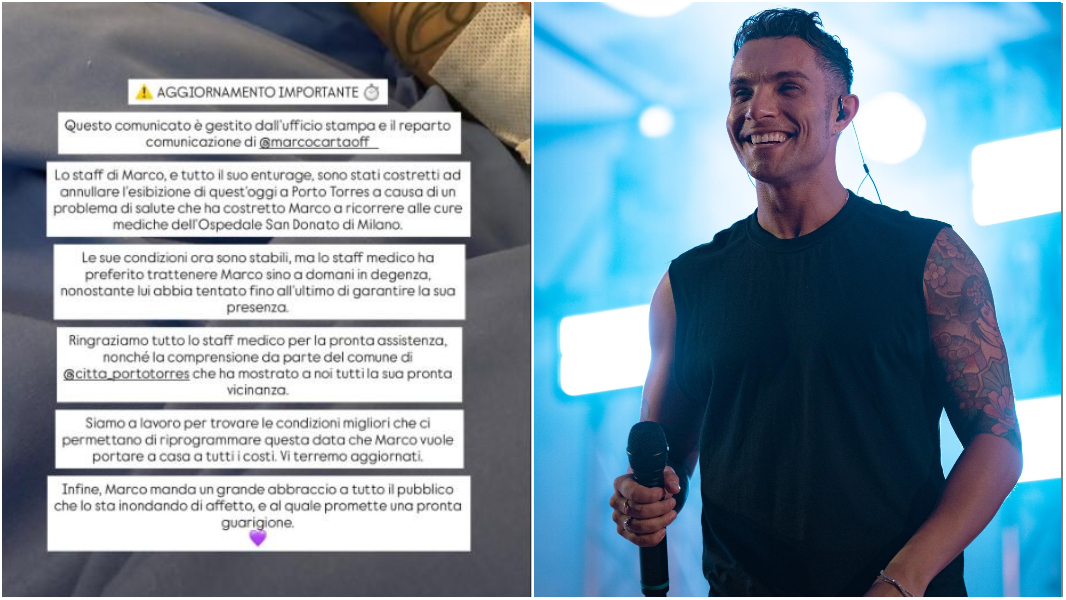 Marco Carta ricoverato in ospedale, annullato il concerto