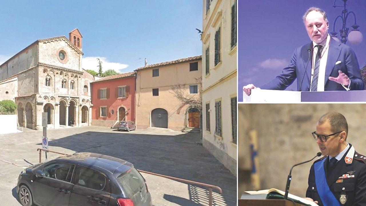 Il luogo dell'aggressione e di fianco, dall'alto, l'avvocato Marco Treggi e il comandante Elio Cappellini