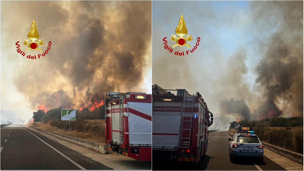 Chiusa la statale 131 per un incendio: le fiamme minacciano un’azienda agricola