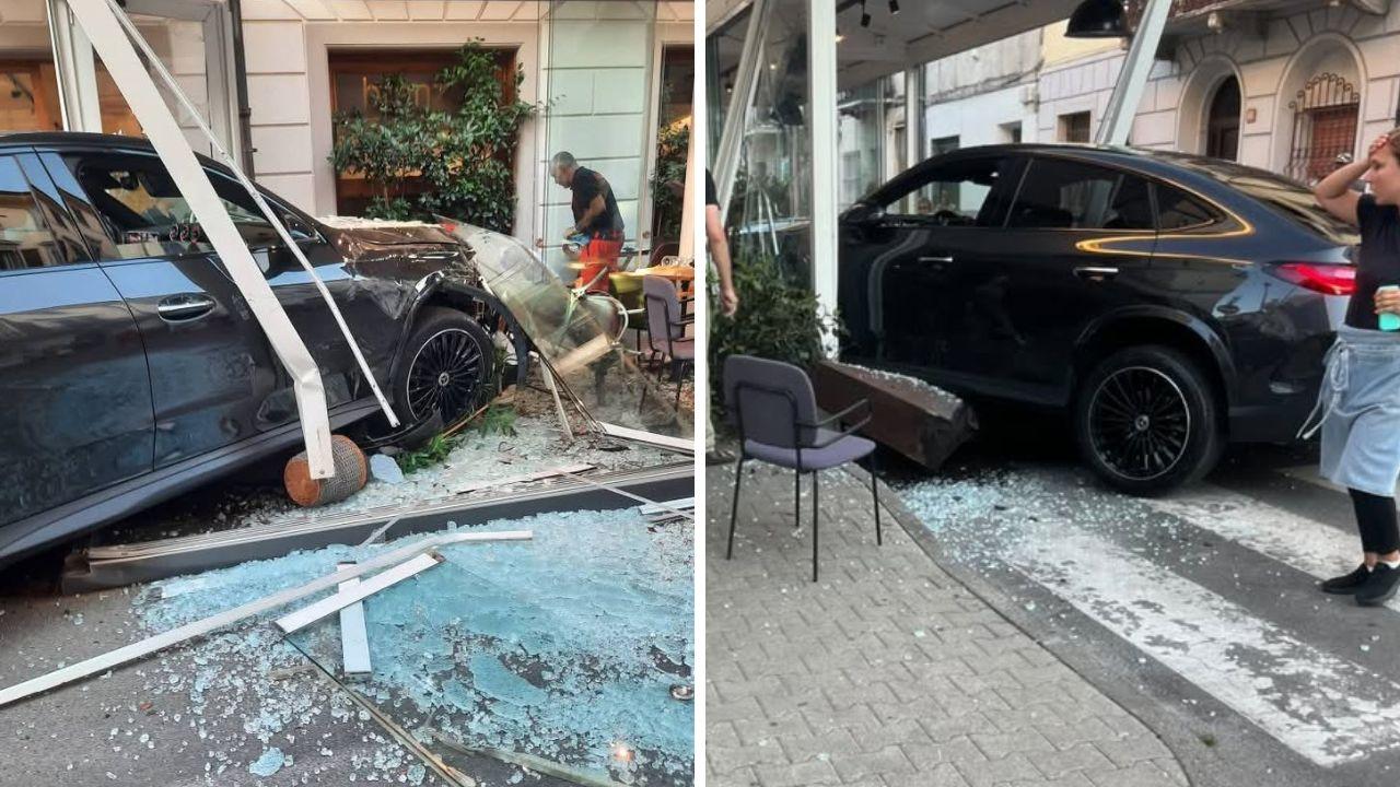 
	La vetrata del locale distrutta dall'auto

