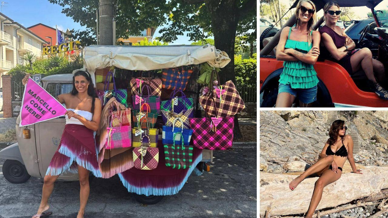 L’Ape boutique al Forte con l’addetta alle vendite Jane Baldini, a dx Scardino con Venturi e Cristina Balivo con un costume made in Livorno