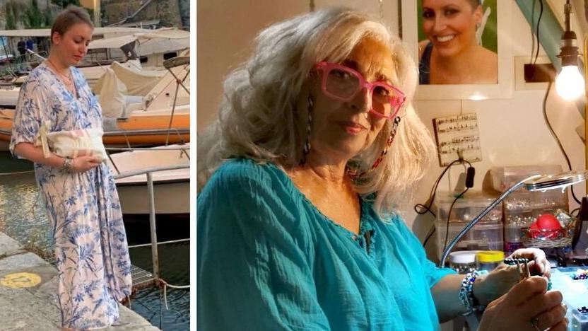 A sx Maria Irene Busonero con la borsetta Mib, a dx mamma Stefania durante le creazioni Mib