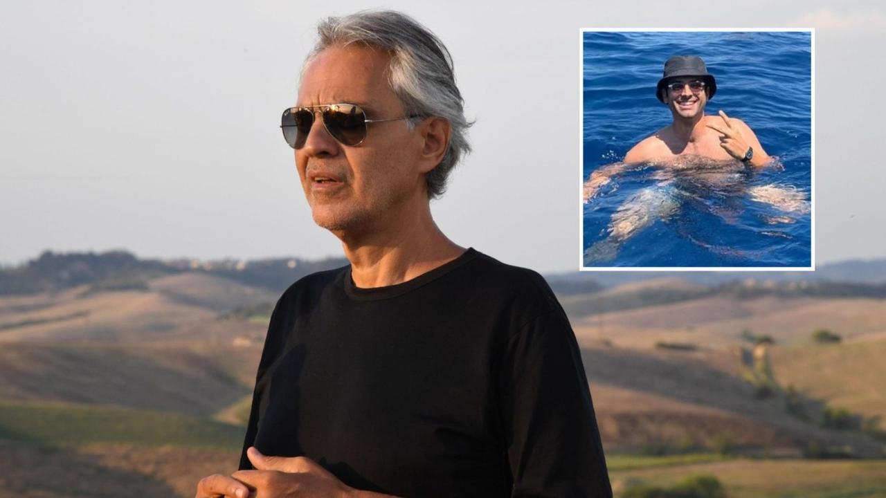 
	Andrea Bocelli e nel riquadro il figlio Amos (foto Instagram)

