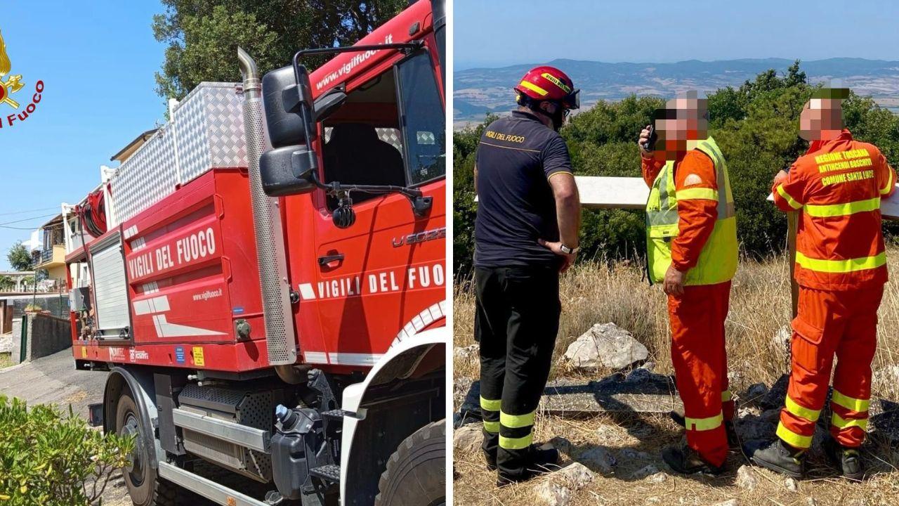 Un mezzo dei vigili sul posto e alcuni soccorritori che coordinano le operazioni