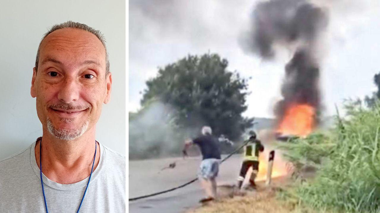 La vittima, Mauro Salvadori. A dx il furgone in fiamme