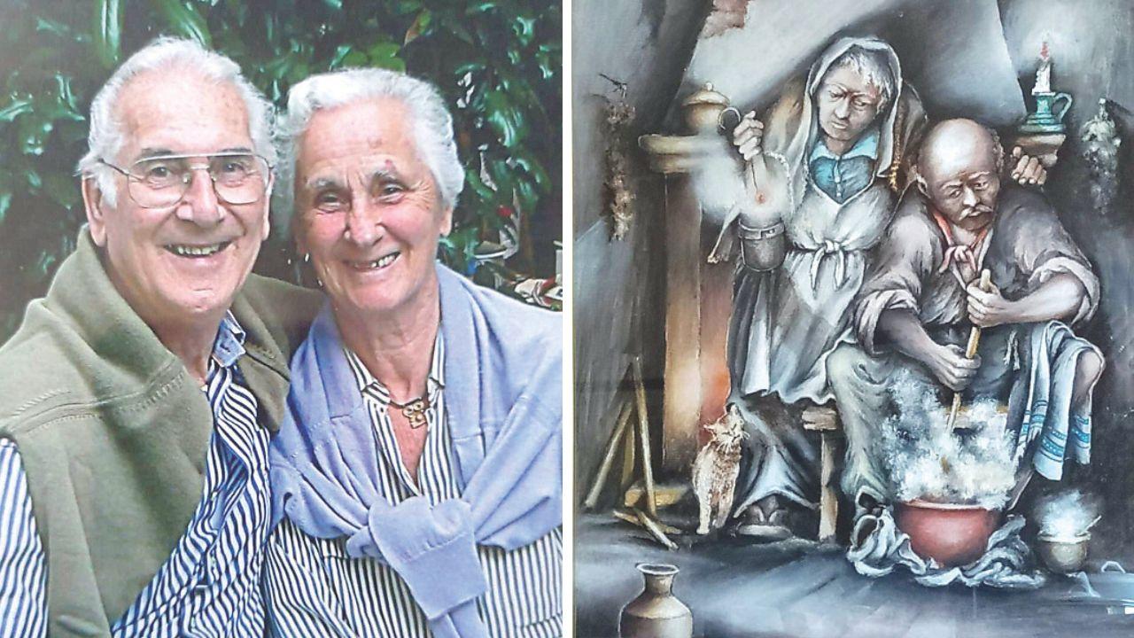 Mario De Santis con la moglie Fiorella e uno dei suoi disegni