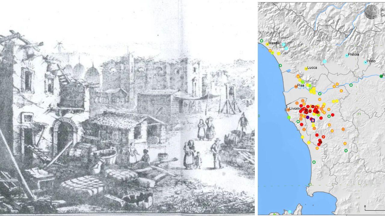 Un'immagine dell'epoca: Orciano dopo il terremoto; a destra la mappa delle zone più colpite (Fonte: Ingv)