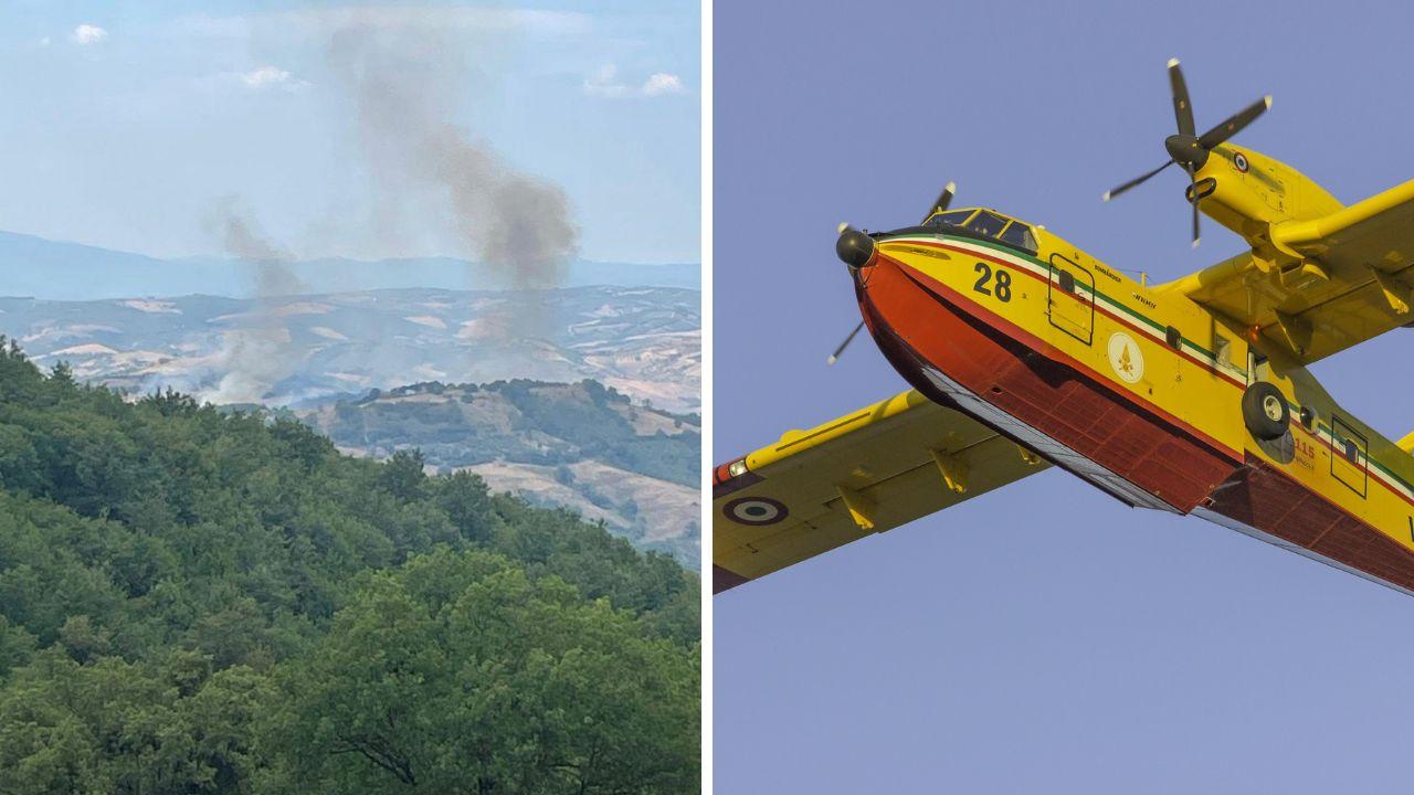 Le fiamme a Cana e un Canadir in volo
