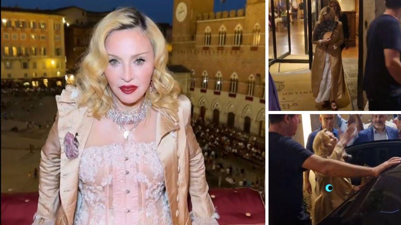 Madonna davanti alla finestra su Piazza del Campo e mentre esce dal Grand Hotel Continental (Foto da video Tik Tok / madonna, alessiocipriani19)