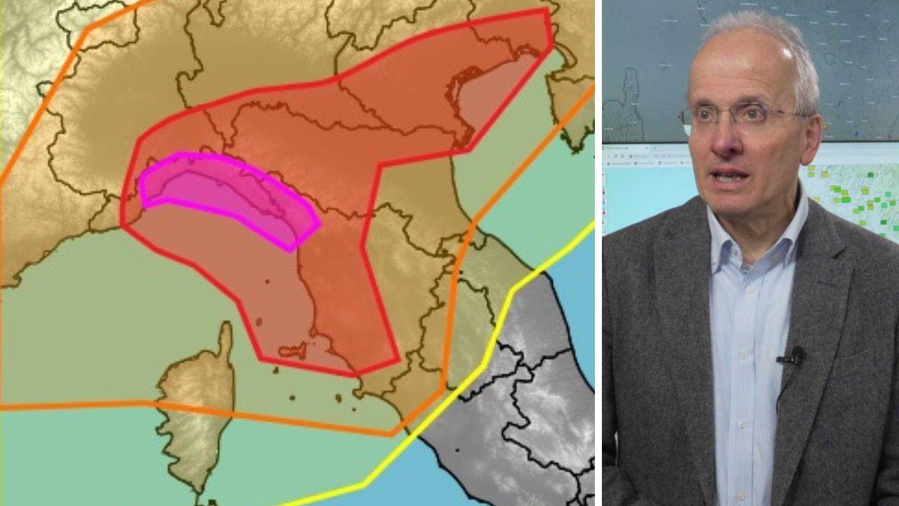 La mappa indica la pericolosità dei temporali in Toscana mercoledì 20 agosto: viola è il livello più alto; a destra Gozzini
