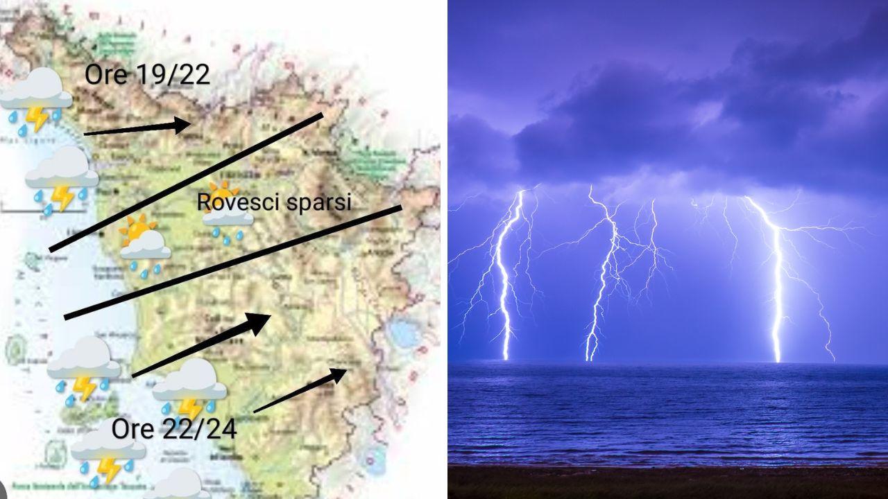 L'evoluzione dei temporali nella giornata odierna (elaboazione grafica del Cmt)