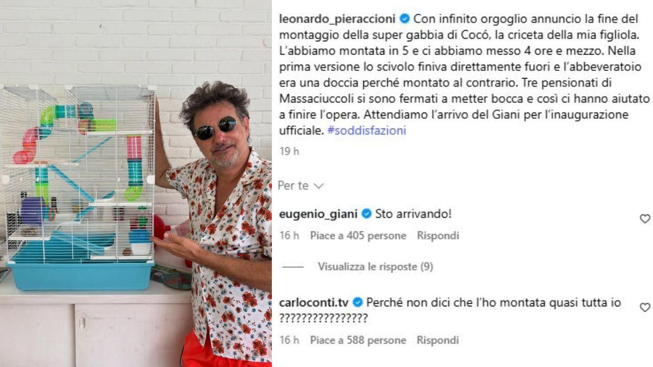 Leonardo Pieraccio con la gabbietta della criceta e il post su Instagram col commento di Giani e Conti