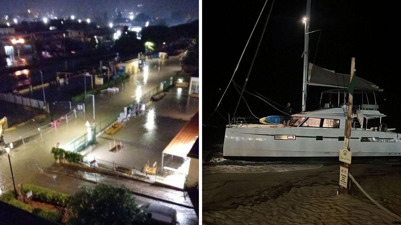 Allagamenti a Portoferraio e il catamarano spiaggiato a Procchio