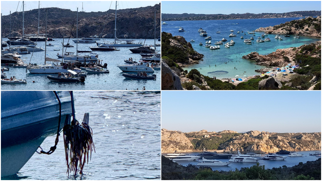 
	In alto yacht a Cala Coticcio e in basso&nbsp;a sinistra&nbsp;un ancoraggio selvaggio <em>(foto Gianpiero Carcangiu)</em>. A destra in basso yacht a Spalmatore

