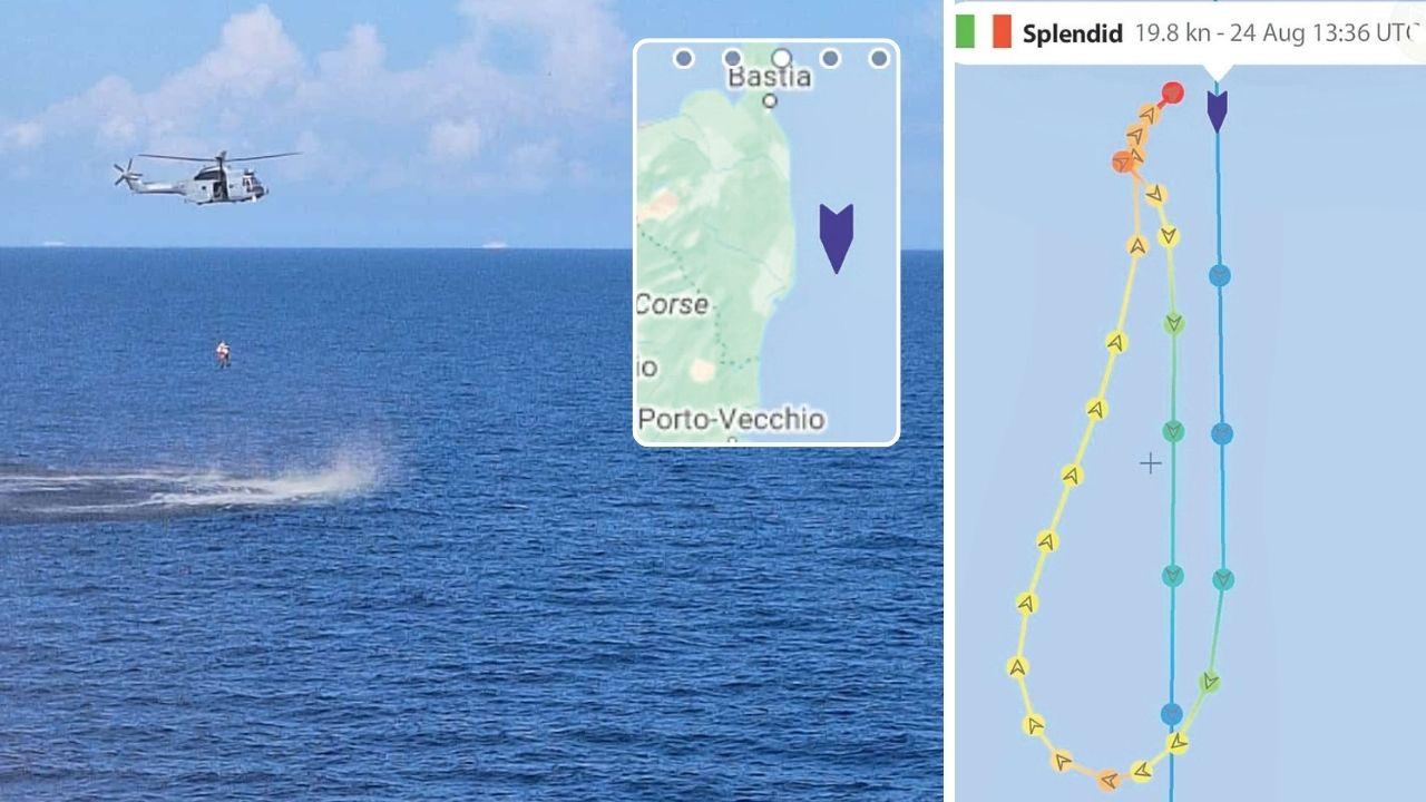 Il salvataggio del diportista (foto Simona Ferrari e Michele Gallina), in alto il punto in cui è stato recuperato l'uomo. A dx la manovra del traghetto Splendid