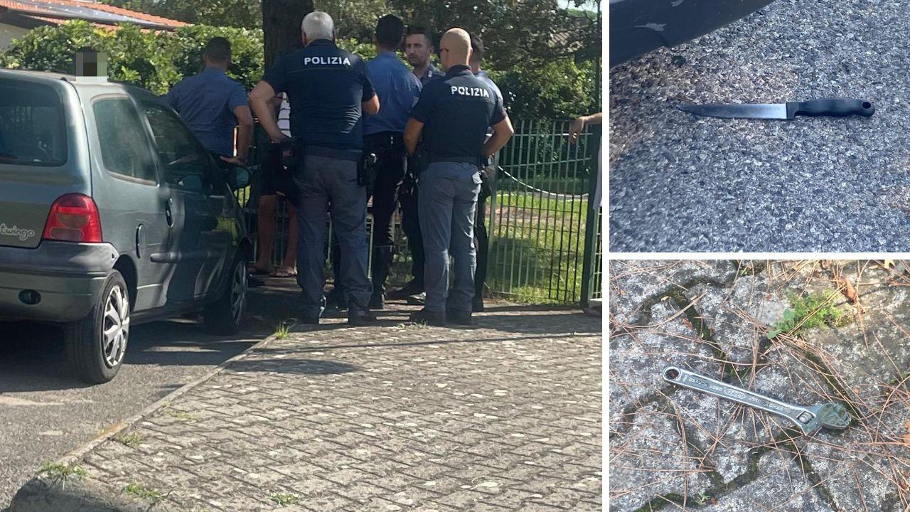 Le forze dell'ordine sul posto, il coltello e la chiave inglese