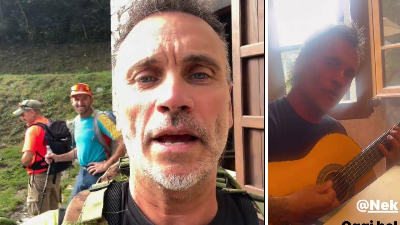 L'arrivo di Nek al rifugio Puliti e un fermo immagine dal video in cui canta "Laura non c'è" (foto da video Instagram)