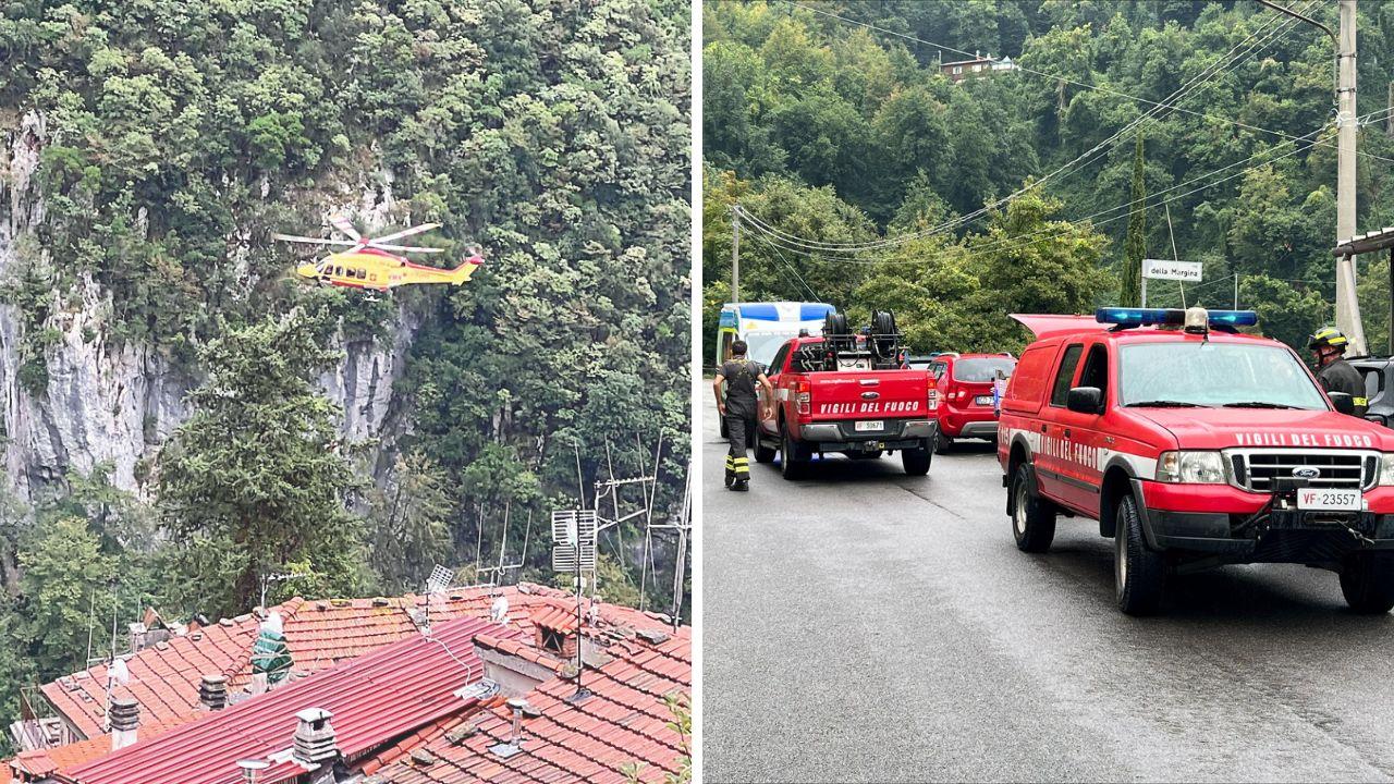 L'elisoccorso in volo nella zona dell'incidente e i mezzi dei vigili del fuoco